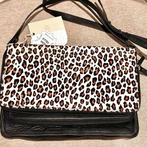 Made in Italy Vera PELLE Hair-on Leopard Print Foldover Crossbody Bag Brand New